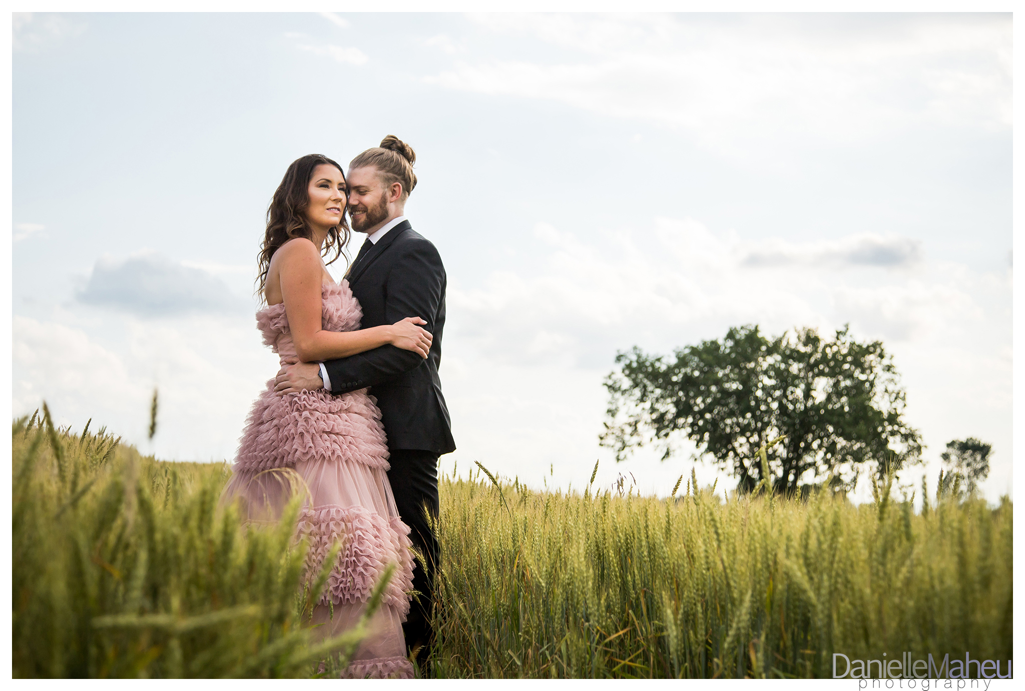Engaged couple in a wheat field in a pink designer gown at Ivy Ridge wedding venue in Thornton Ontario