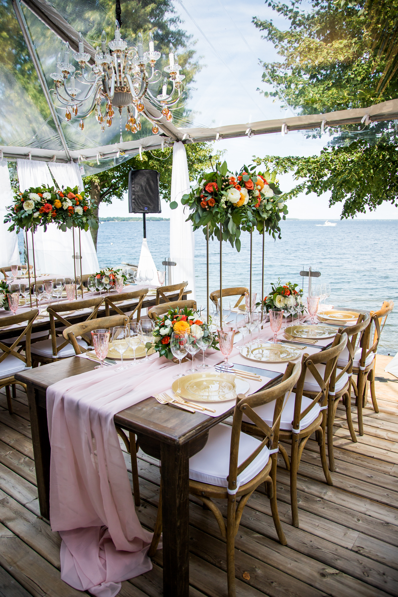 Wedding reception table and decor overlooking Georgian Bay